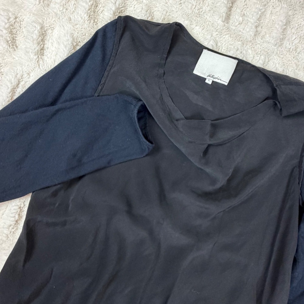 3.1 Phillip Lim Black Silk Cotton Mixed Media Cowl Neck Long Sleeve Top Large